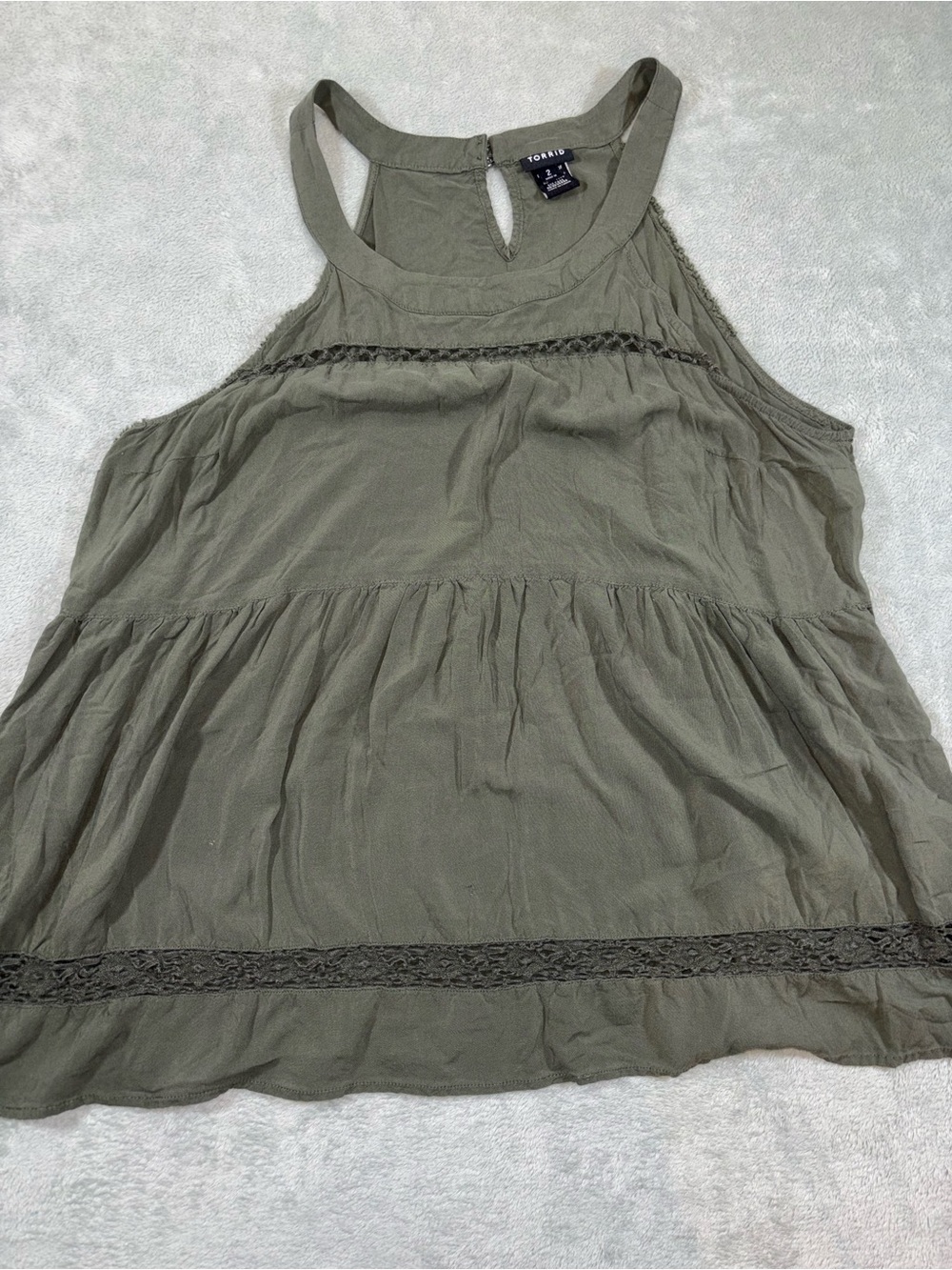 Torrid Olive Green Tiered Sleeveless Crochet Trim Halter Tank Top - Size 2 (Plus